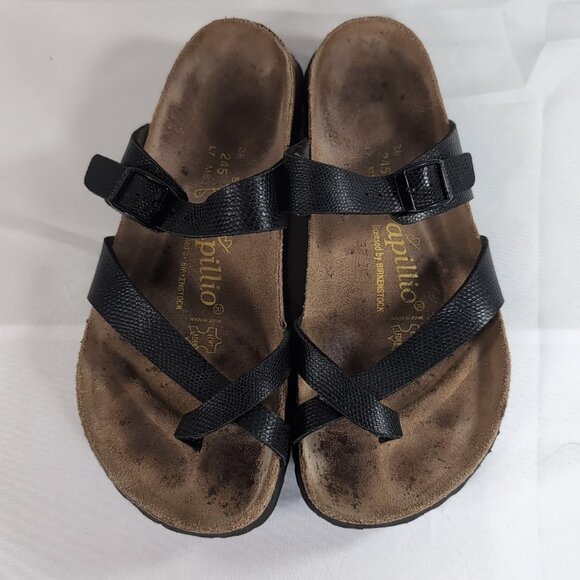 Papillio Birkenstock 38 Tabora Strappy Black Sandals US W 7 245 Pebbled Leather - Picture 3 of 14
